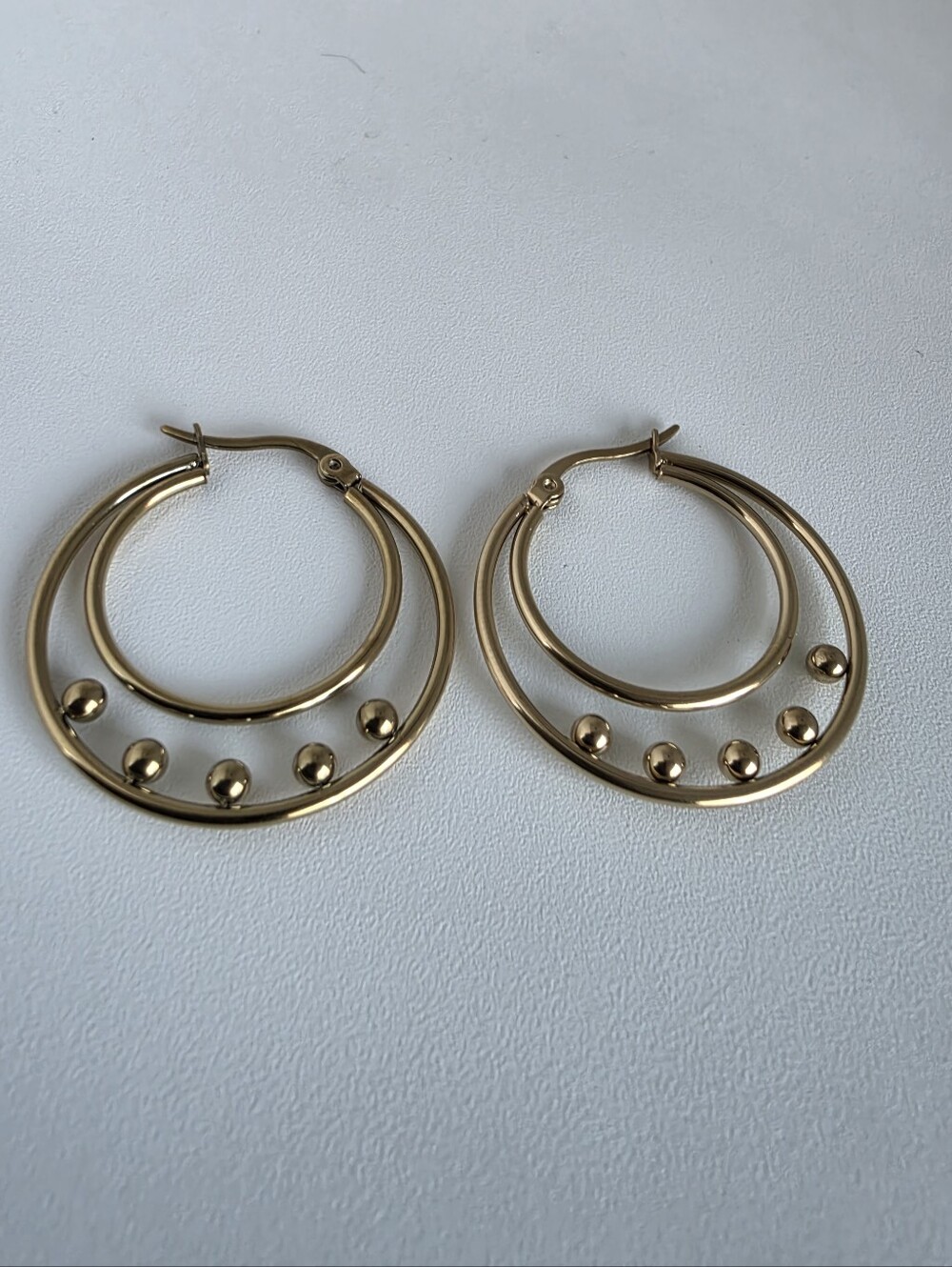 Stainless Steel Gold Double Hoop Beaded Earrings | Modern Minimalist Hoops - Picture 4 of 4